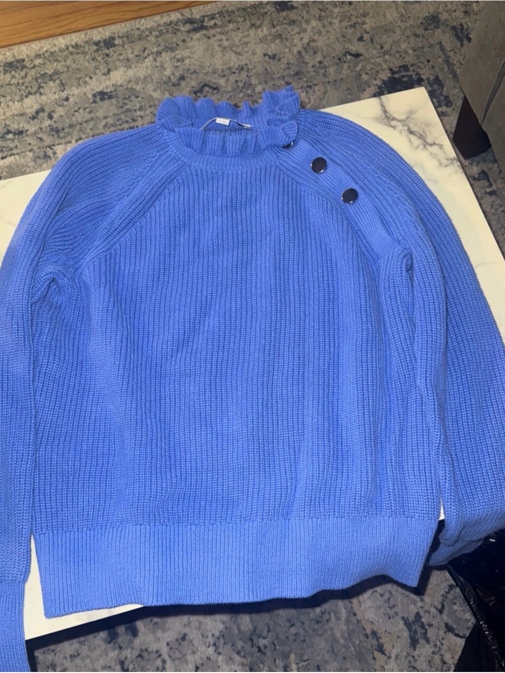 LOFT Periwinkle Ruffle Mock Neck Sweater with Shoulder Buttons